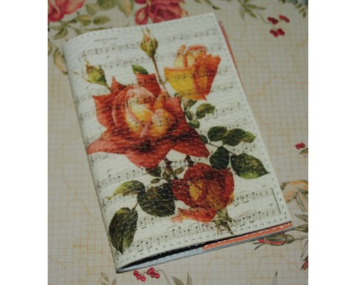 Кожаная женская обложка для паспорта -Ветка розы с нотами-(ТОЛЬКО ДЛЯ ОПТОВОГО ЗАКАЗА)
