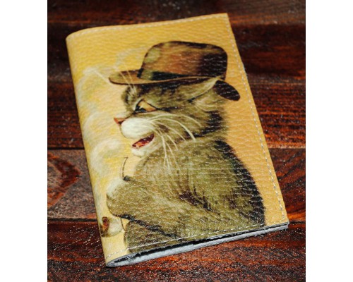 Кожаная обложка для паспорта -Кот в шляпе-