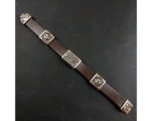 Кожаный браслет с тремя бронзовыми бусинами