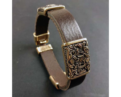 Кожаный браслет с тремя бронзовыми бусинами